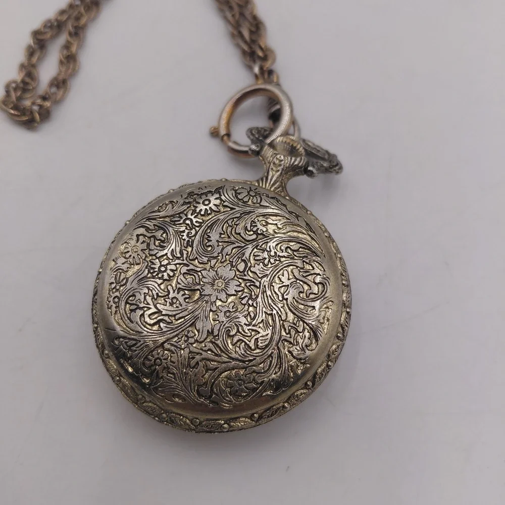 Vintage Sundial 17 Jewels Pocket Watch Etched Design Chain Not Working
